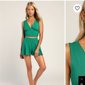 Lulu’s “feel at home green tie-back cropped tank top” & “flutter lounge shorts”